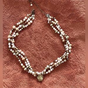 Natural pearl and Swarovski crystal triple strand necklace with gold leaf